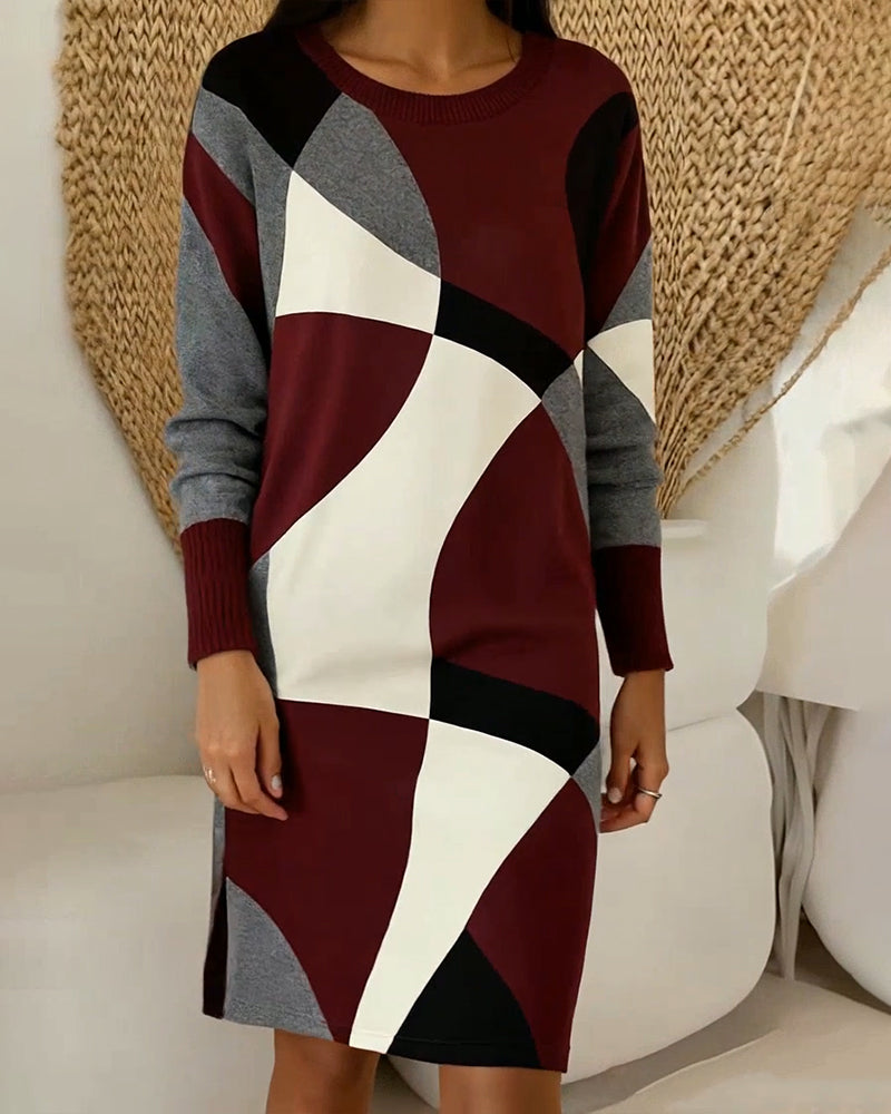 Color-Blocked Fashionable Round Neck Dress