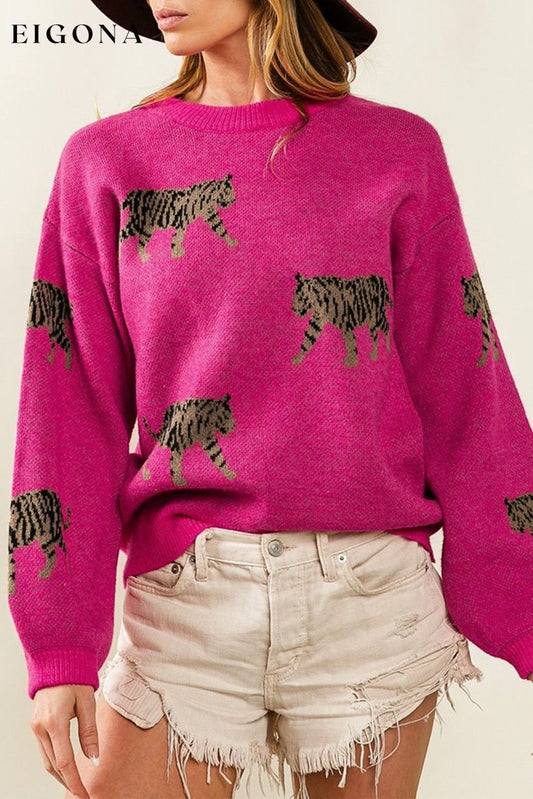 Rose Red Fierce Animal Pattern Casual Knitted Sweater Rose Red 48%Acrylic+32%Polyamide+20%Polyester All In Stock clothes Color Pink Hot picks Occasion Daily Print Leopard Season Fall & Autumn Style Southern Belle Sweater sweaters Sweatshirt