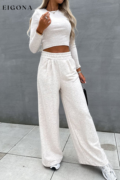 Beige Crop Top and Wide Leg Pants Two Piece Set All In Stock clothes EDM Monthly Recomend Hot picks lounge lounge wear lounge wear sets loungewear loungewear sets Occasion Daily Print Solid Color Season Winter sets Silhouette Wide Leg Style Casual