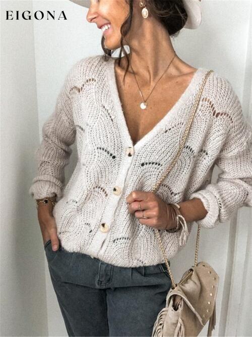 Openwork Button Up Long Sleeve Cardigan A@Y@M cardigan cardigans clothes Ship From Overseas sweater sweaters Sweatshirt