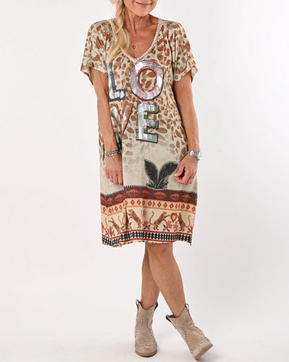 Printed V-neck Loose Fashionable Dress