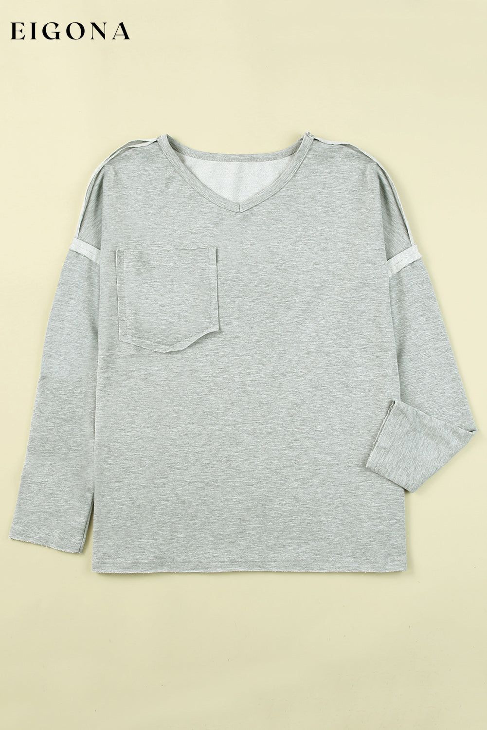 Gray Pocketed Oversized Drop Sleeve Top All In Stock clothes Craft Patchwork DL Exclusive Hot picks long sleeve shirts long sleeve top Occasion Daily Season Fall & Autumn Style Casual tops