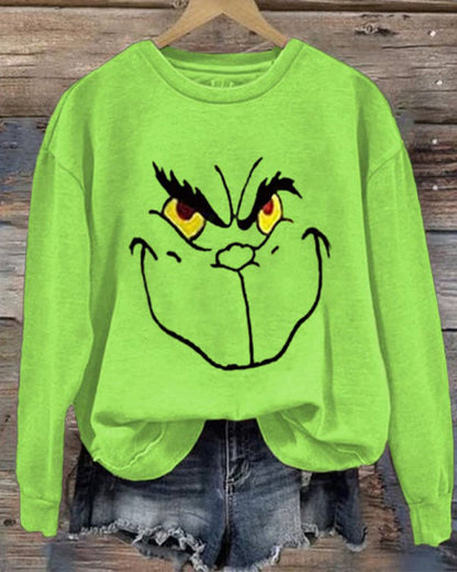 Women's Christmas Green Face Printed Sweatshirt 2024 f/w Green Grinch grinch sweatshirts