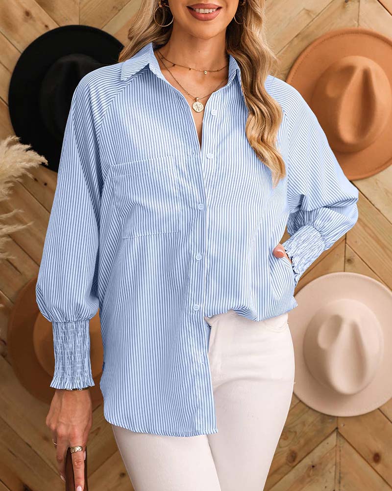 Casual striped printed lantern sleeve lapel shirt 2024 f/w blouses & shirts spring