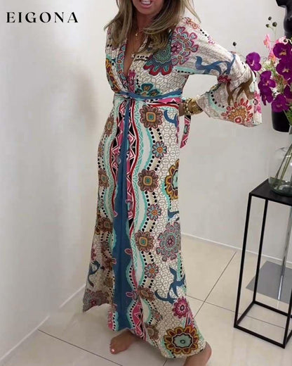 Elegant dress with colorful print and bell sleeves casual dresses spring summer