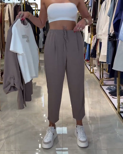 Solid-Color High-Waisted Drawstring Casual Pants