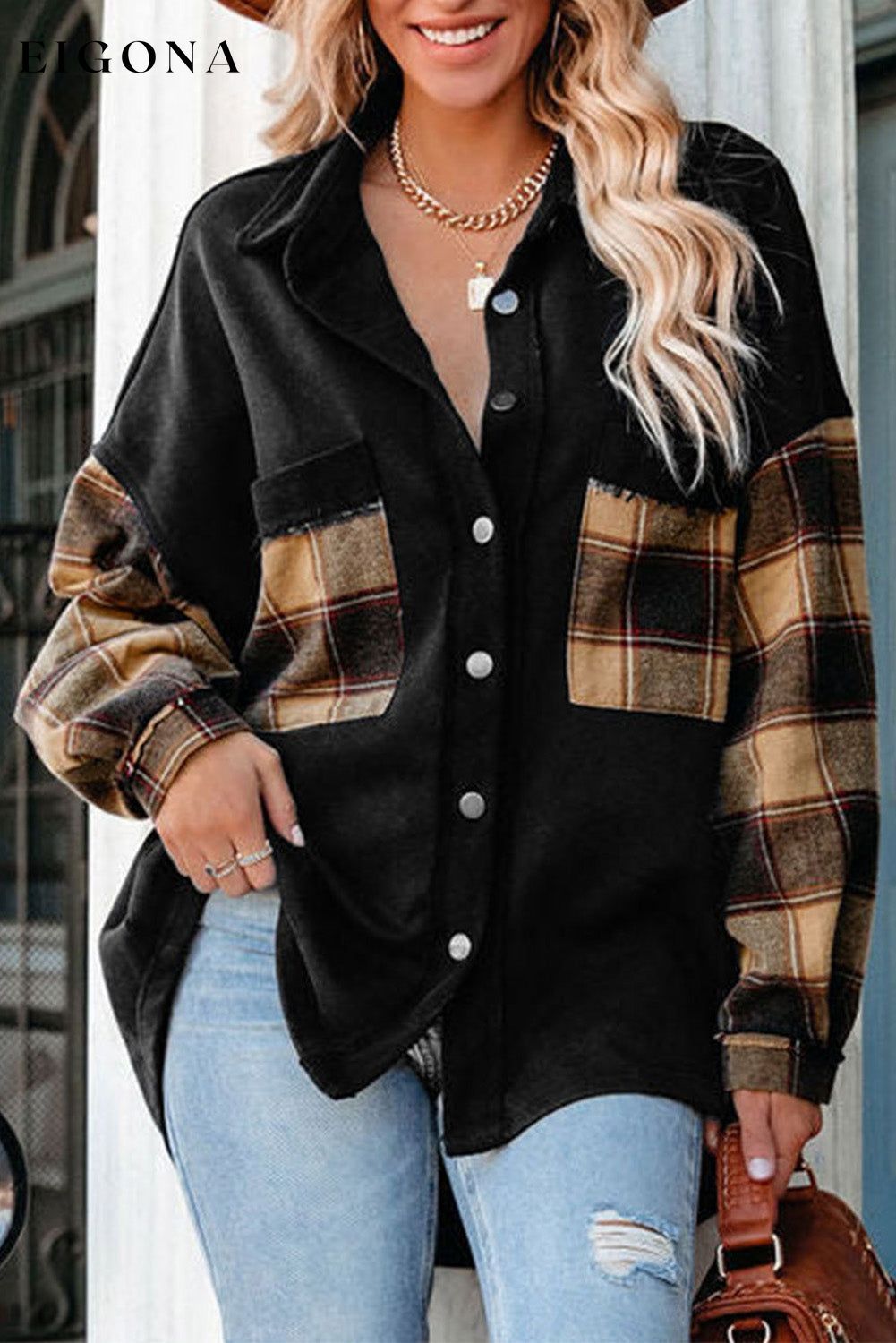 Black Plaid Patchwork Chest Pockets Oversized Shirt Jacket All In Stock Best Sellers Category Shacket clothes EDM Monthly Recomend Hot picks long sleeve shirts Occasion Daily oversized shirt Print Plaid Season Fall & Autumn shirt shirts Style Western top tops