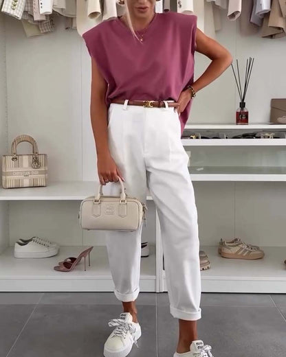 Sleeveless Solid Color Round Neck Casual Tank Top