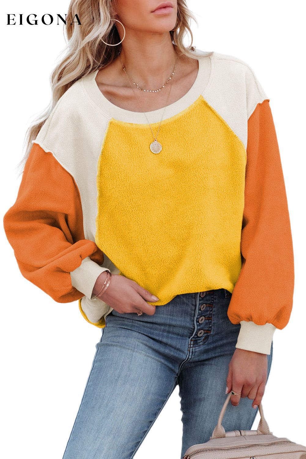 Orange Colorblock Long Sleeve Pullover Fleece Sweatshirt clothes Color Multicolor Color Orange Color Yellow Craft Patchwork EDM Monthly Recomend Fabric Fleece Hot picks Occasion Daily Print Color Block Season Winter Style Southern Belle