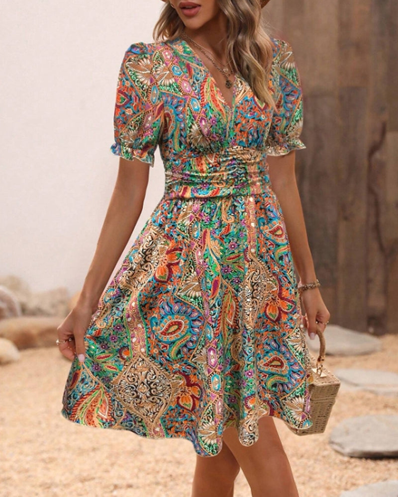 V-neck waist printed elegant dress casual dresses summer