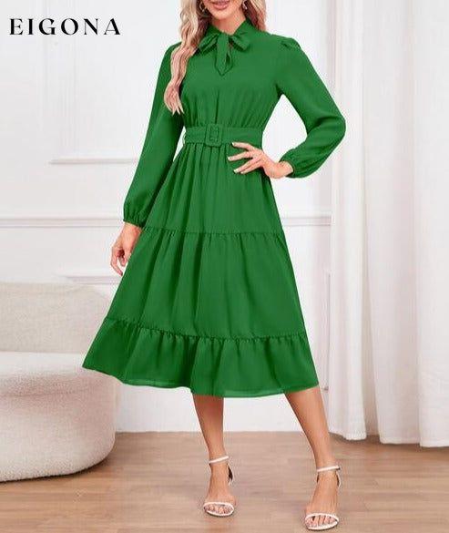 Tie Neck Long Sleeve Tiered Dress Green clothes H.Y.G@E Ship From Overseas