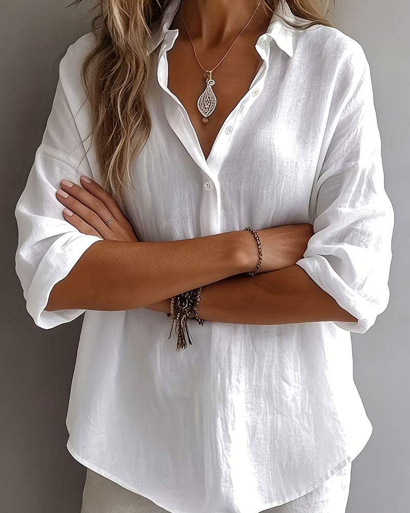 Solid Color Lapel Half-Placket Long Sleeve Blouse