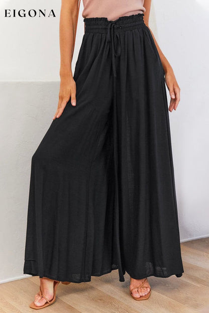 Black Drawstring Smocked High Waist Wide Leg Pants All In Stock bottoms clothes clothing Occasion Vacation Print Solid Color Season Summer Silhouette Wide Leg Style Casual wide leg pants Women's Bottoms