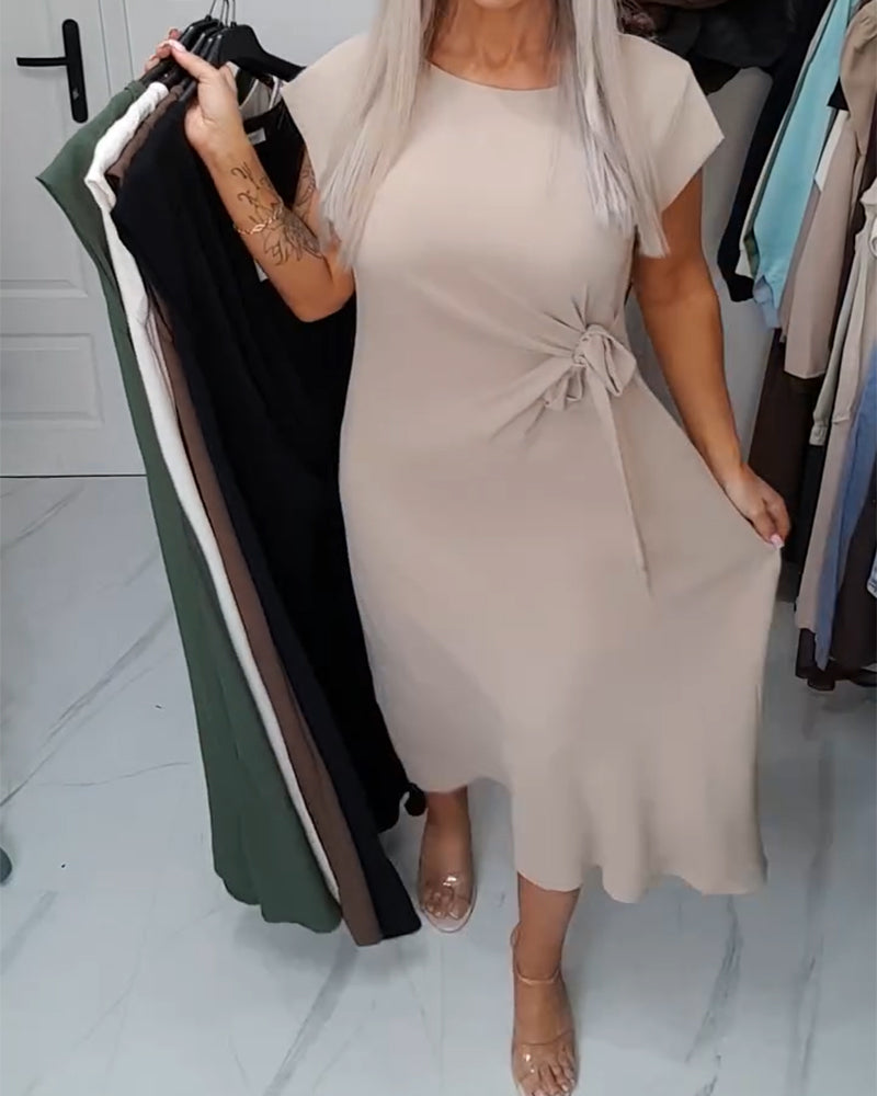 Solid Color Round Neck Waist-Defining Elegant Dress