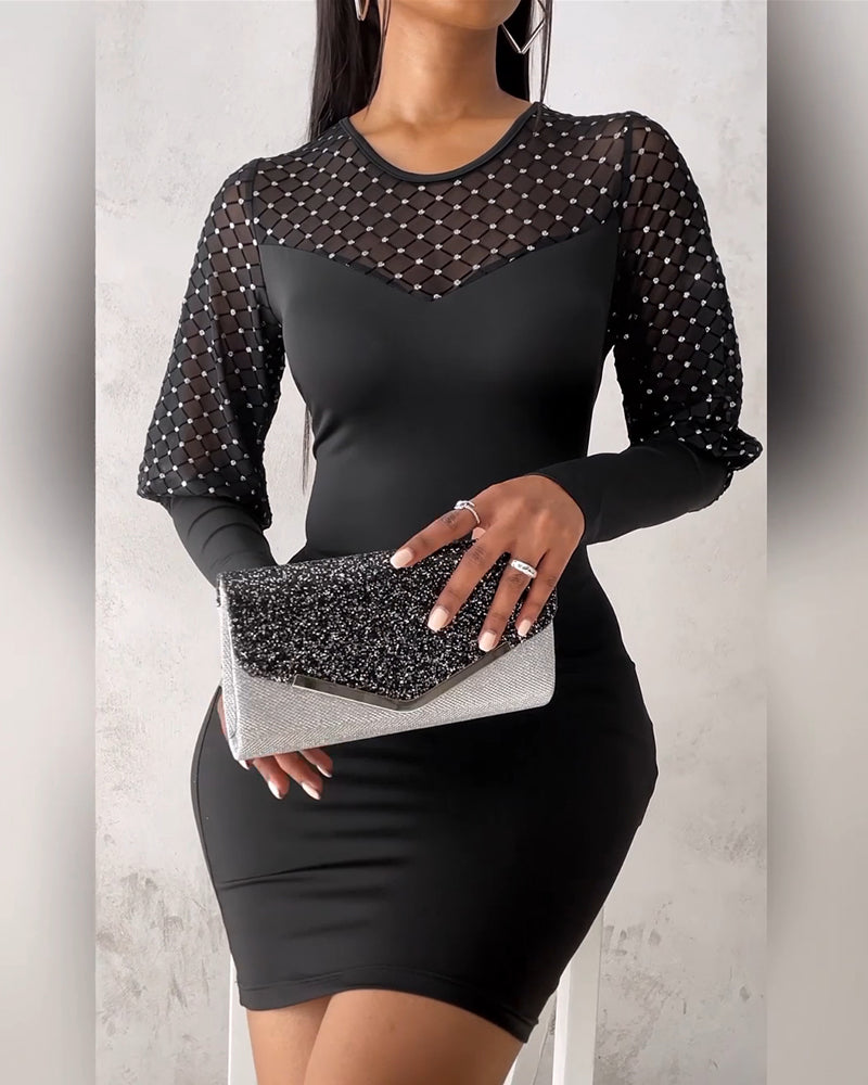 Solid Color Mesh Long-Sleeved Dress
