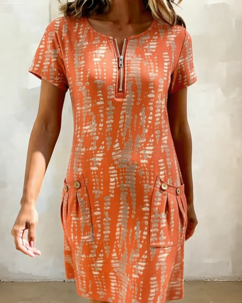 Printed Half-Zip Large Pocket Dresss