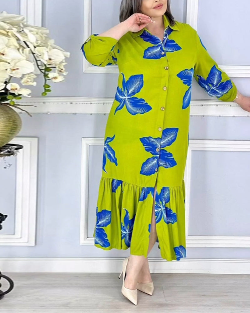 Leaf print patchwork lapel dress casual dresses spring summer