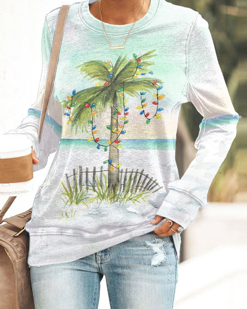 Women's Retro Florida Christmas Watercolor Palm Tree Print Sweatshirt 2024 f/w christmas sweatshirts