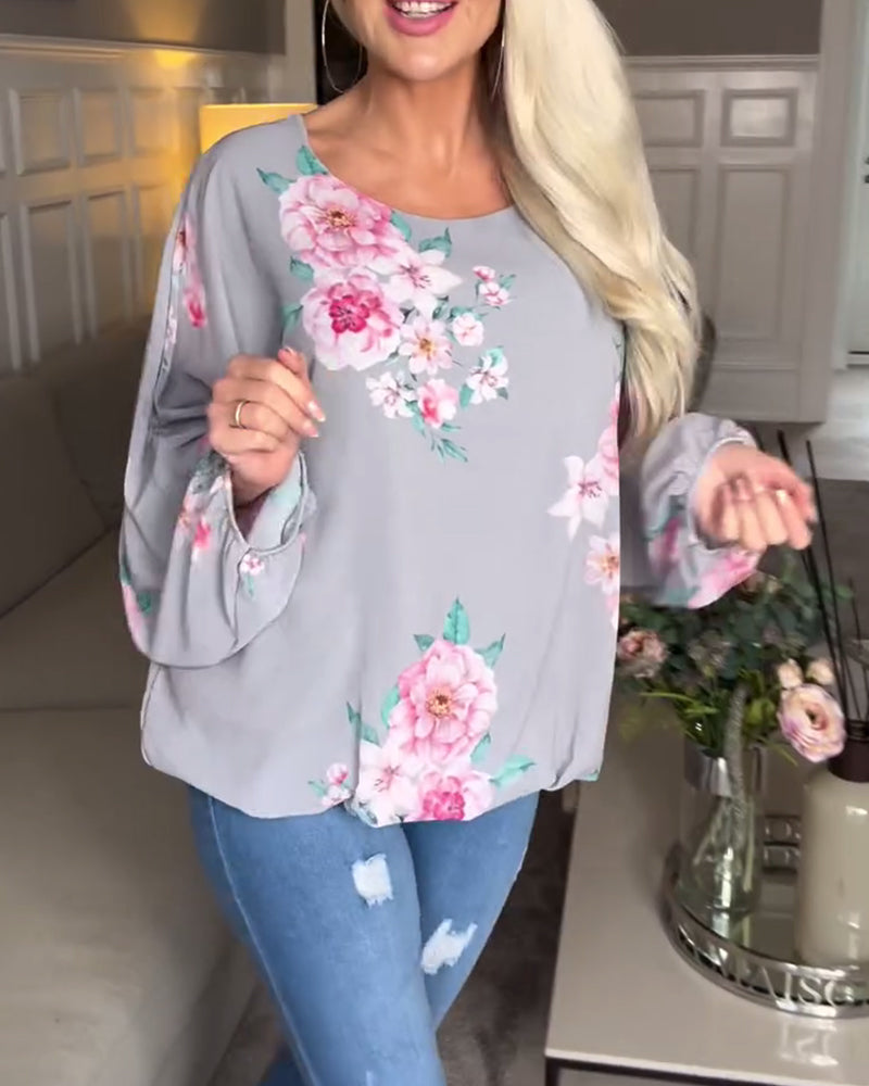 Elegant floral print crew neck long sleeve top 2023 f/w blouses & shirts spring