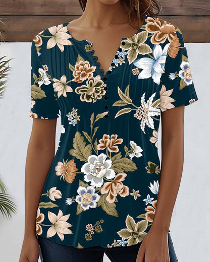 V-Neck Floral Print Colorblock Blouse