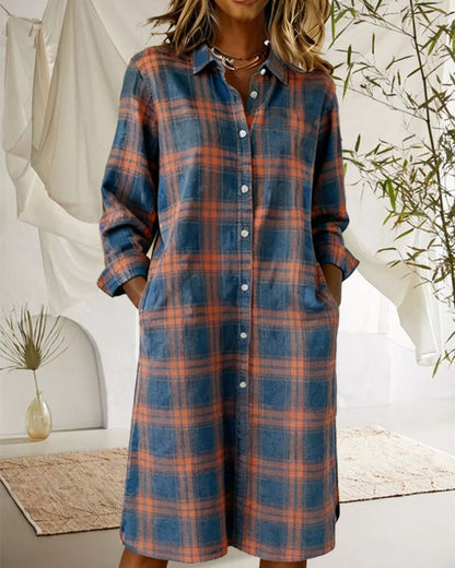 Lapel Casual Long Sleeve Plaid Dresses