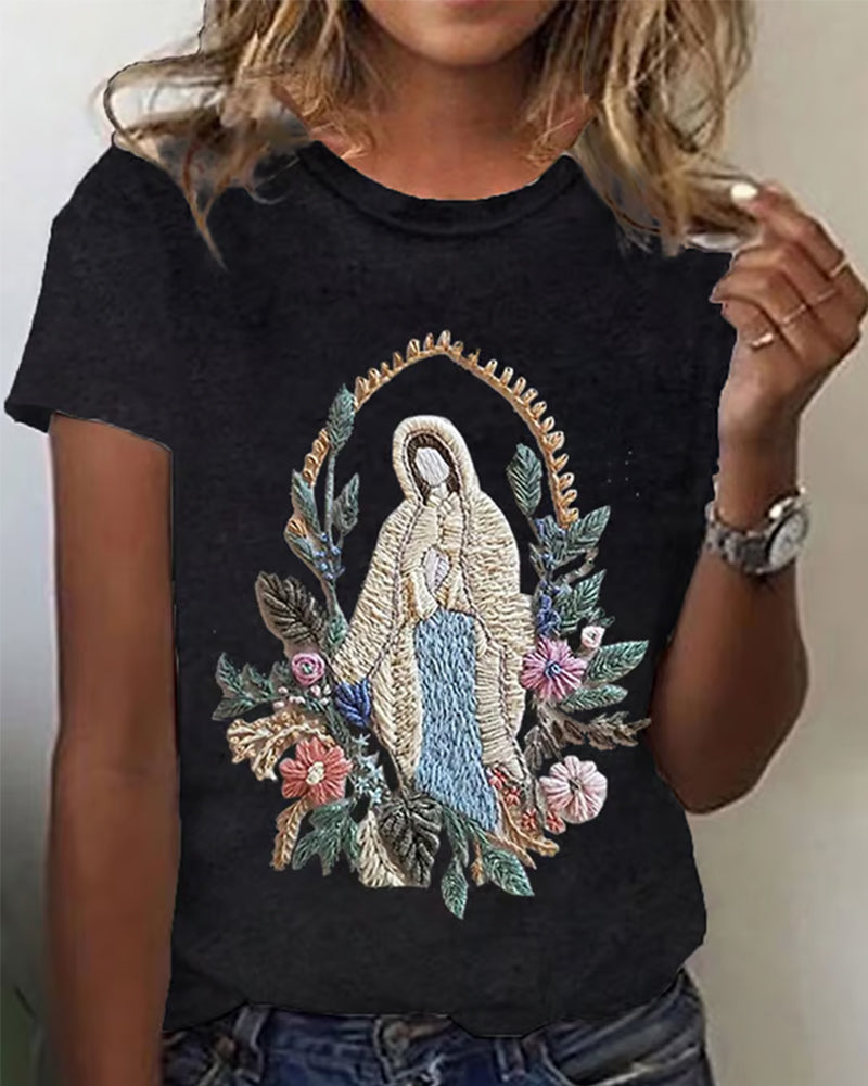 Women's Christian Our Lady Floral Print Round Neck T-Shirt 2024 f/w Faith Lover summer t-shirts