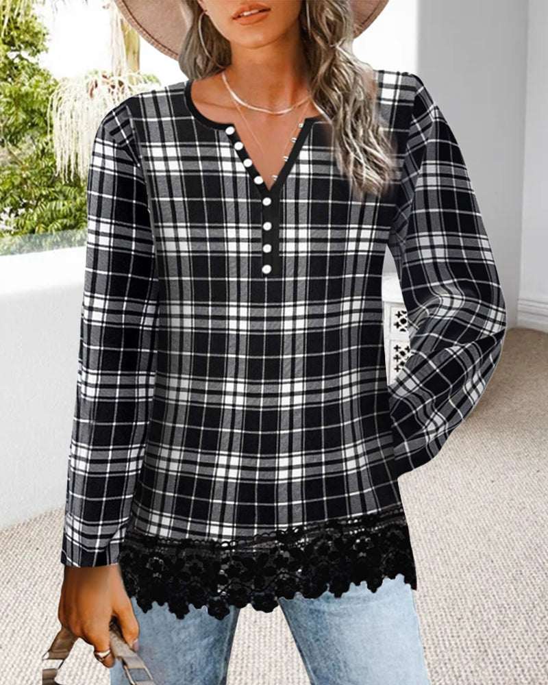 V-neck plaid lace panel long-sleeved top 2024 f/w blouses & shirts spring