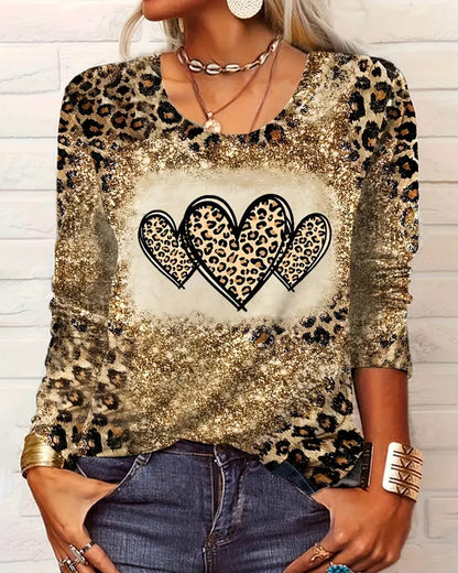 Casual Leopard Colorblock Heart Print Top 2024 f/w blouses & shirts spring