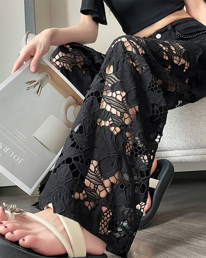 Women's Rhinestone Cutout Wide-Leg Jeans