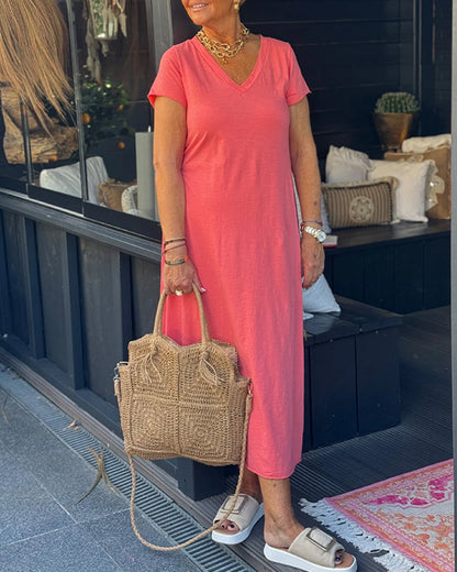 Einfarbiges, langes Kleid mit V-Ausschnitt und kurzen Ärmeln