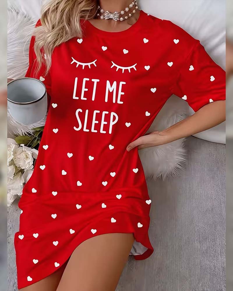 Letter Heart Print Casual Nightgown Dress
