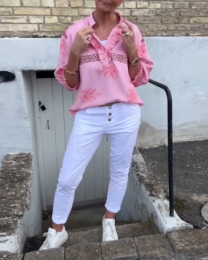 Camicetta stampata a maniche lunghe in pizzo