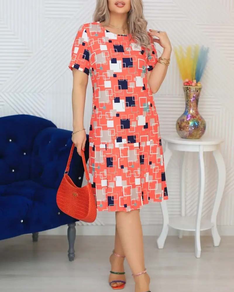 Casual square printed short-sleeve dress 202466 casual dresses spring summer