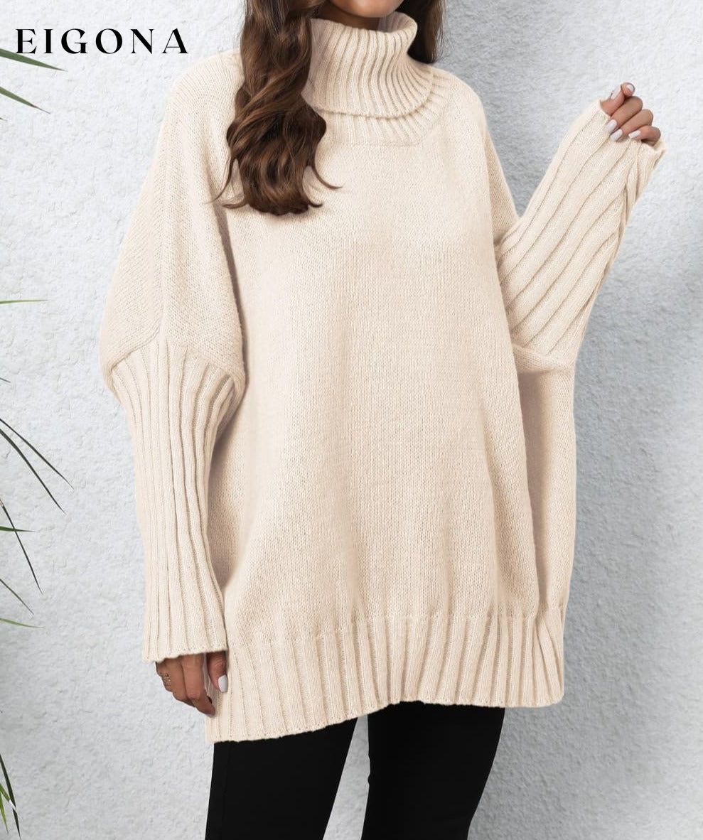 Turtle Neck Long Sleeve Ribbed Sweater Beige One Size clothes O & Y.M Ship From Overseas trend