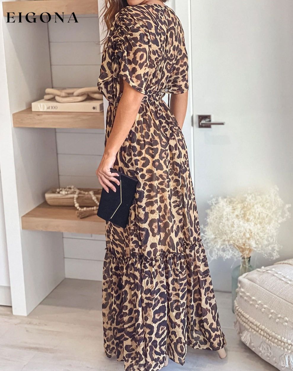 Leopard Print Drawstring V Neck High Waist Long Dress clothes DL Exclusive dress dresses maxi dress Print All Over Print Leopard Season Summer