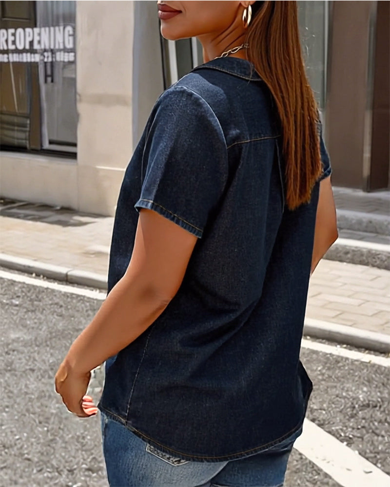 Peter Pan Collar Denim Short-Sleeved Top