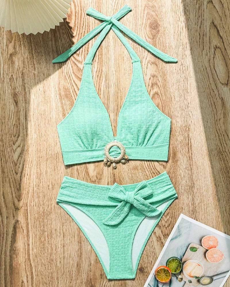 Two-Piece Solid Color Halter Neck Sexy Swimsuit bikinis mm-swimsuits spring summer