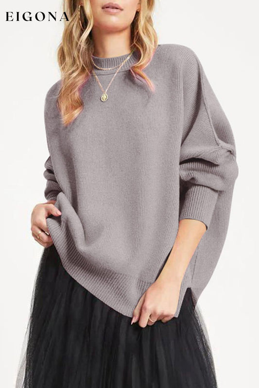 Gray Oversized Drop Shoulder Bubble Sleeve Pullover Sweater Gray 50%Viscose+28%Polyester+22%Polyamide All In Stock clothes Occasion Daily Print Solid Color Season Winter Style Casual sweater sweaters Sweatshirt