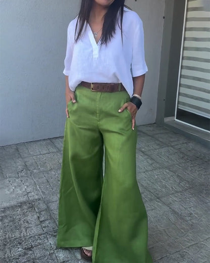 Green High-Waisted Wide-Leg Linen Pants