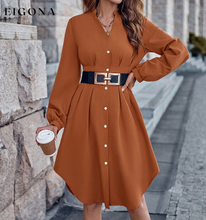 Notched Neck Long Sleeve Dress casual dresses clothes dress dresses long sleeve dress long sleeve dresses S.N Ship From Overseas short dresses trend