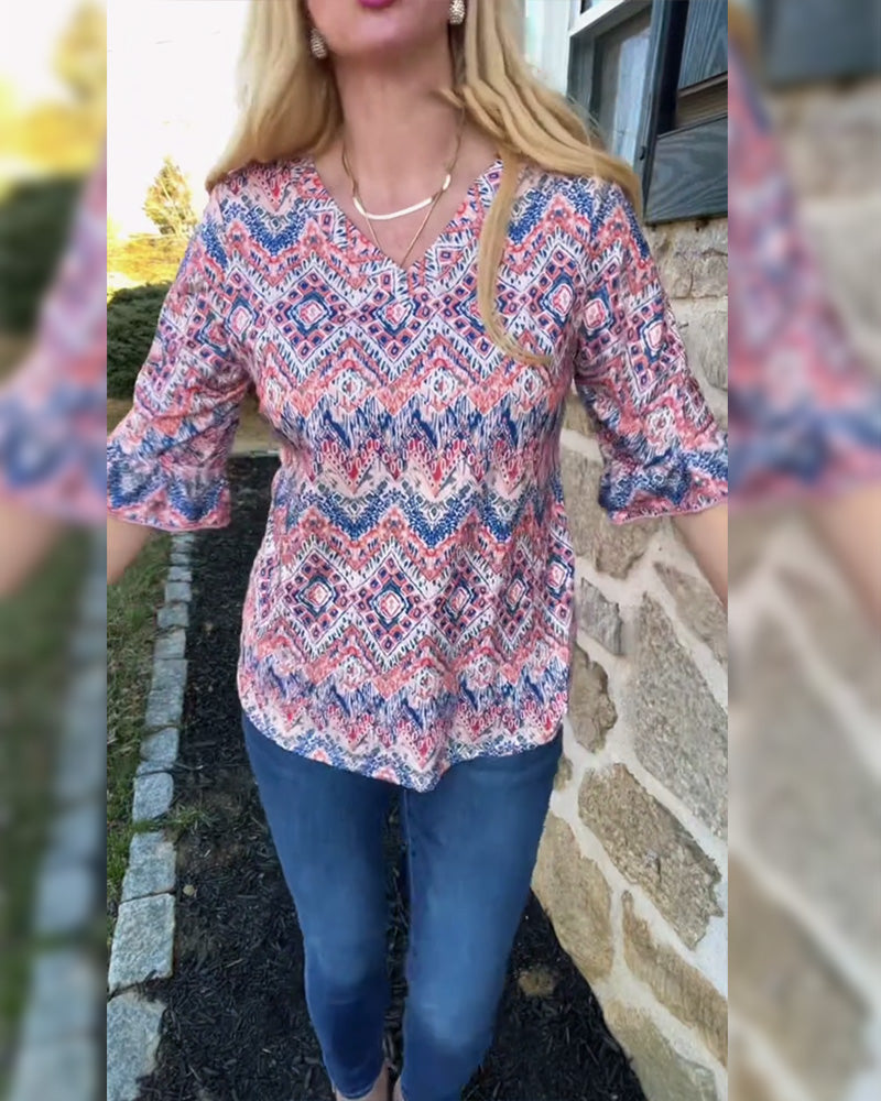 Lässige Bluse mit Trompetenärmeln und V-Ausschnitt