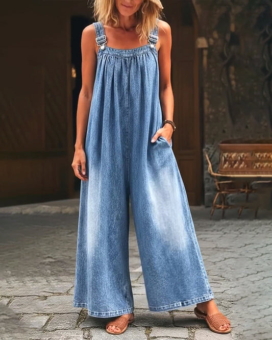 Washed Denim Overalls Wide-Leg Jumpsuit