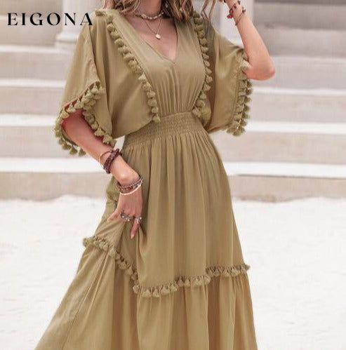 Tassel Trim Smocked V-Neck Short Sleeve Maxi Dress Olive casual dresses clothes dress dresses H.R.Z long sleeve dress maxi dress Ship From Overseas short dress short sleeve short sleeve dress short sleeve dresses