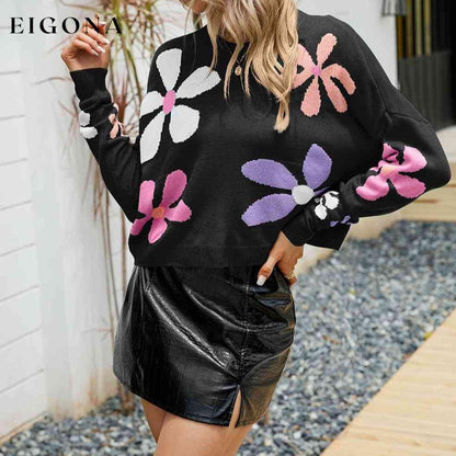 Flower Round Neck Drop Shoulder Sweater clothes Ship From Overseas X.X.W