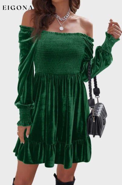 Square Neck Smocked Ruffle Hem Dress Green clothes Ship From Overseas SYNZ