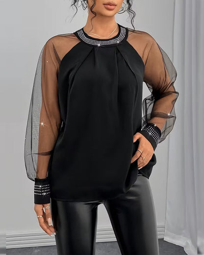 Hot Rhinestone Mesh Long-Sleeved Fashionable Blouse