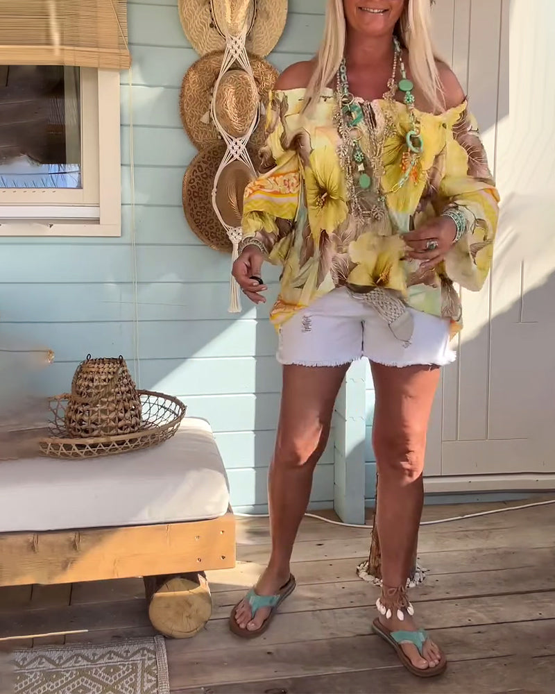 Schulterfreie Bluse mit Resort-Print