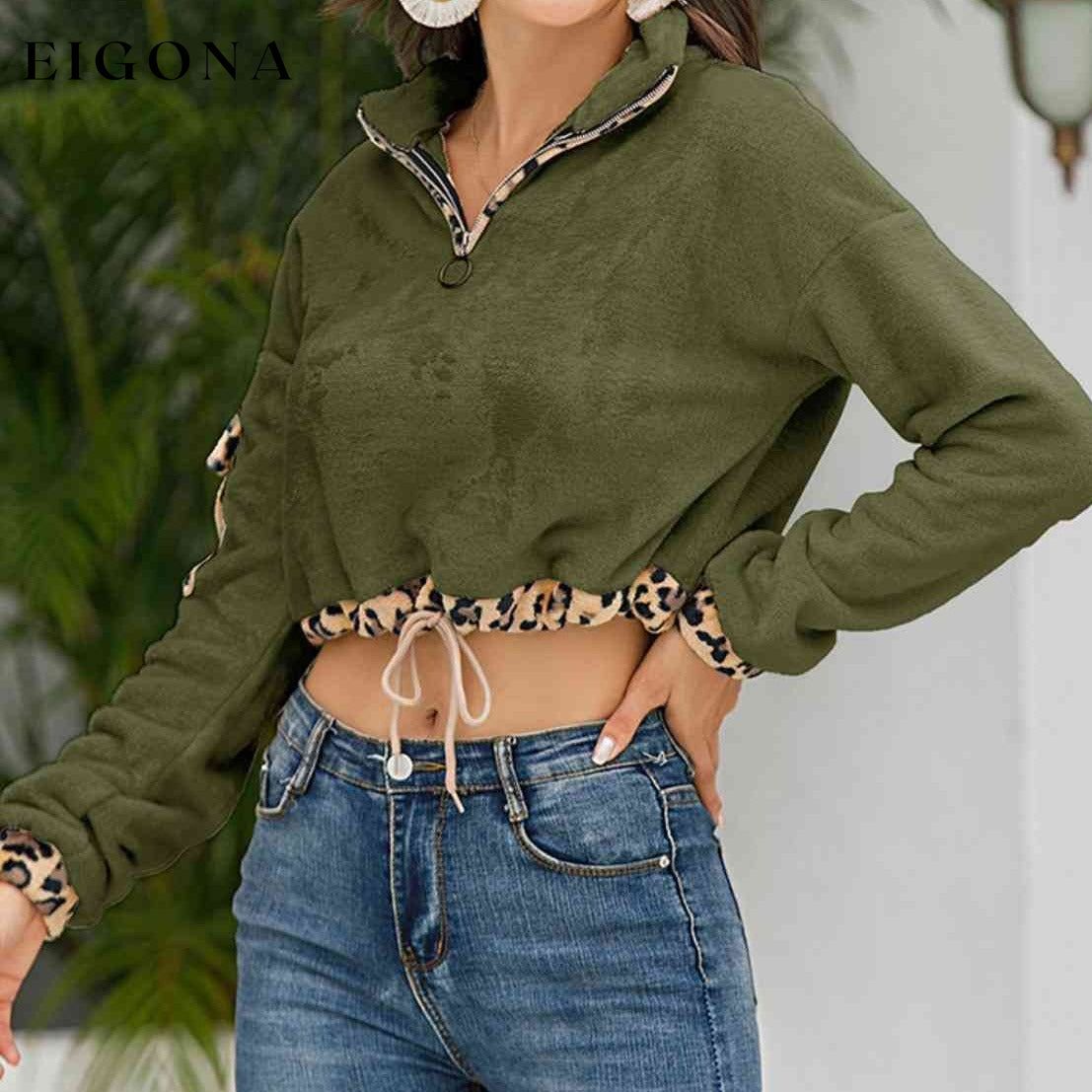 Leopard Half Zip Drawstring Cropped Sweatshirt clothes L@X@G Ship From Overseas