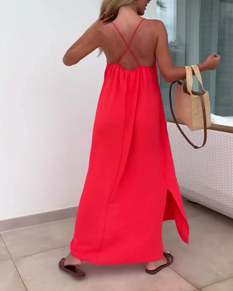 Sleeveless Strapless Solid Color Slit Dress