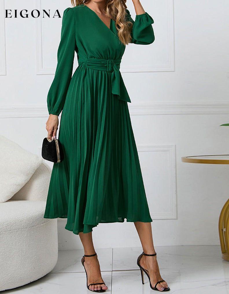 V-Neck Long Sleeve Tie Waist Midi Dress Green clothes H.Y.G@E Ship From Overseas Shipping Delay 09/29/2023 - 10/03/2023 trend